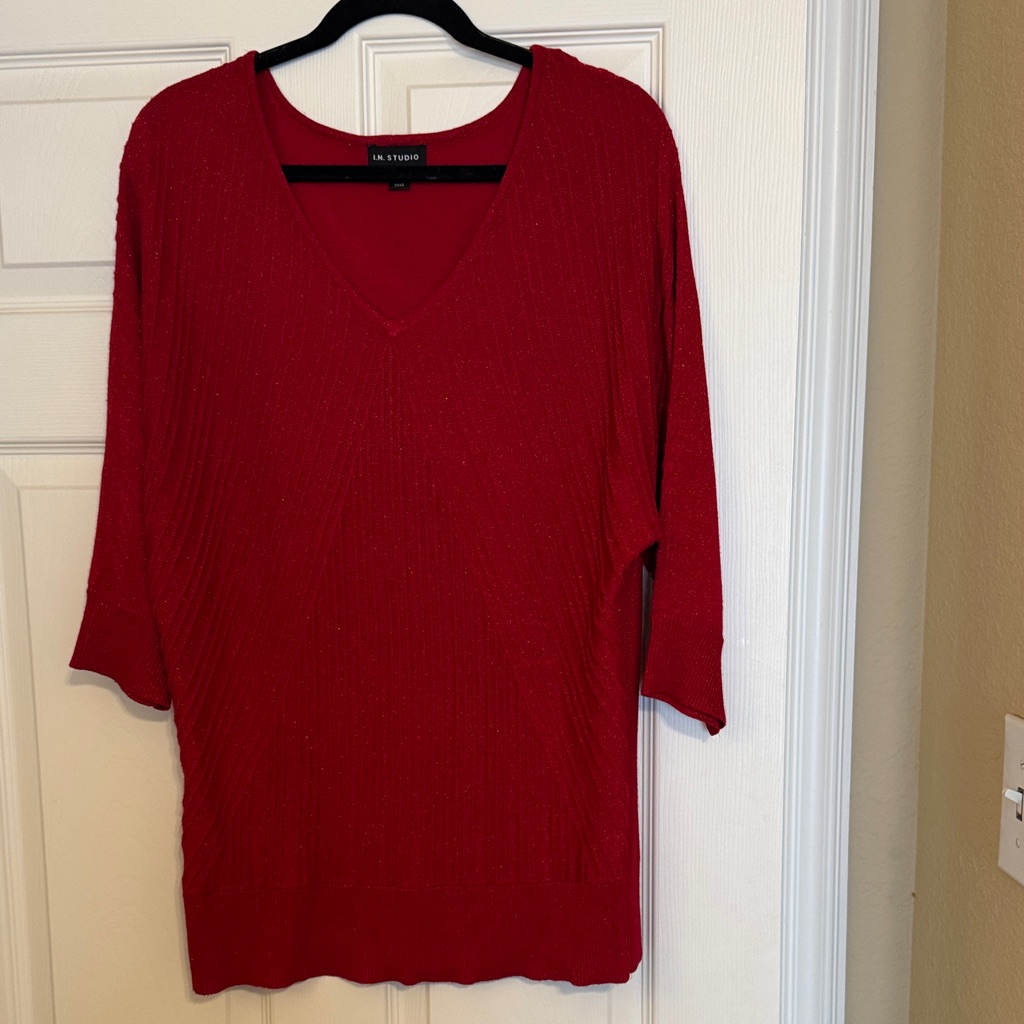 In Studio Red Lurex Sweater Dolman Sleeve Great For Valentine’s Day! Size L Nwot